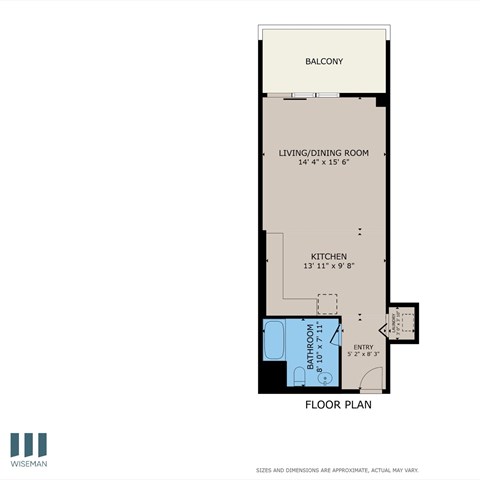 A floor plan of an apartment with a living room, dining room, kitchen, and bathroom.